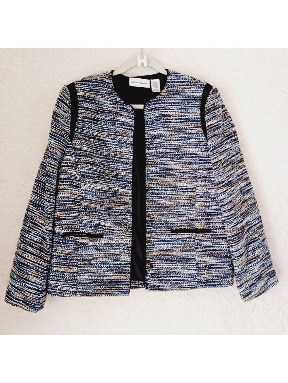 Jacket Women Dunner Black Blue Metallic Silver Hook Eye Lined Faux Pockets Sz 14